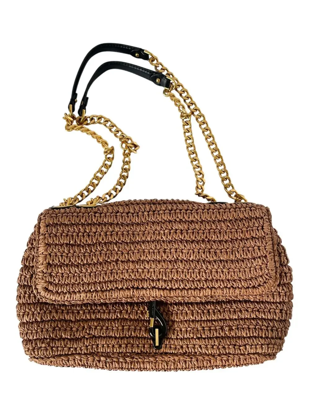Rebecca Minkoff Edie Medium Crossbody Tawny Brown Raffia Straw Chain Bag